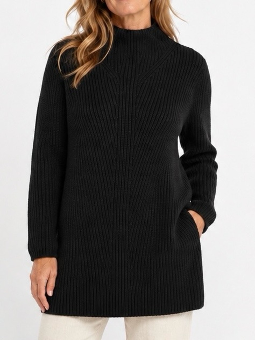 L.L.Bean Black Cotton Ribbed Mock Neck Tunic Sweater Large Minimalist Cozy